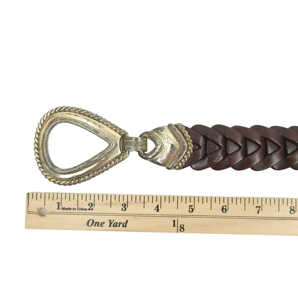 Braided Brown Leather Belt Vintage R.O.C. Womens Sz S Western Silver Tone Buckle